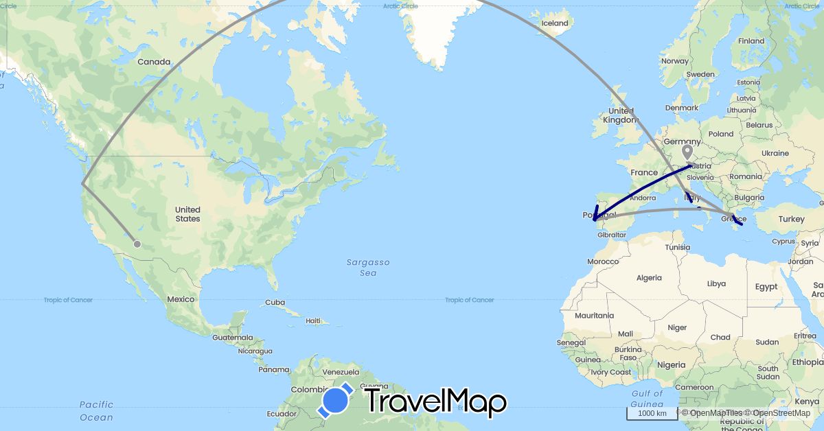 TravelMap itinerary: driving, plane in Austria, Germany, Greece, Italy, Portugal, United States (Europe, North America)